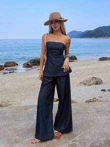 DAZY Bộ đồ denim nữ thường ngày gồm áo ống vạt lệch và quần ống rộng. - Rửa tối - Xem 7