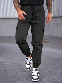 Manfinity Homme Quần Cargo vải chéo in chữ dành cho nam có gấu quần bo thun, dành cho mùa thu - màu đen - Xem 3