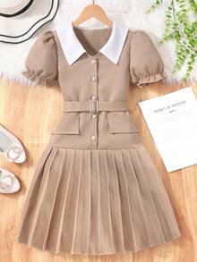 SHEIN Tween Girls Textured Fabric Dress - Brown - View 6