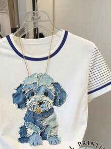 Resyla Women's Casual Dog Print Striped Patchwork Round Neck Short Sleeve T-Shirt, Summer - White - View 3