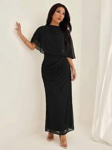 SHEIN PETITE Đầm dài thanh lịch, tối giản, thời trang công sở, thiết kế eo chun, nhiều lớp xếp ly, tôn dáng, phù hợp cho công sở, hẹn hò, du lịch, đầm dành cho nữ thanh lịch - màu đen - Xem 6