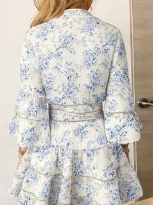 Cévolie 大码女装新款连衣裙，春夏新款印花连衣裙，法式优雅印花雪纺连衣裙，法式复古白色连衣裙，休闲宽松蓝色印花中长连衣裙，可折叠拉链金色滚边印花迷你连衣裙，适合派对、婚礼、休闲活动的休闲度假连衣裙 - 藍色 - 查看 4