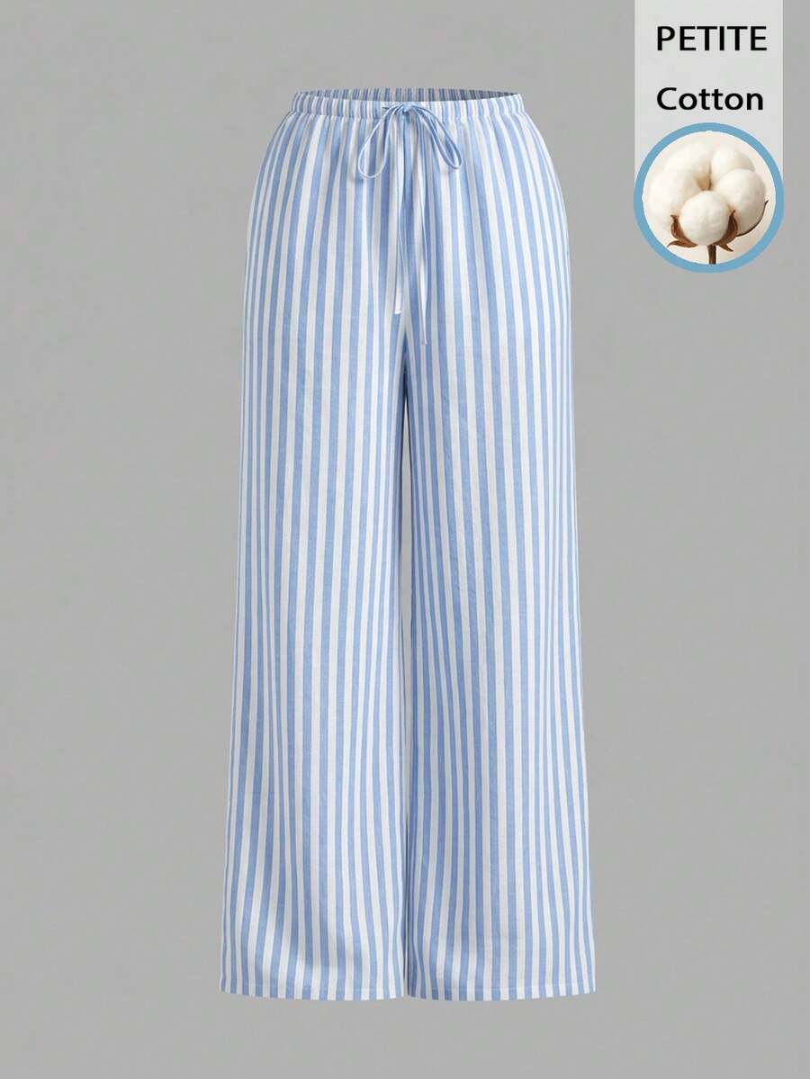 SHEIN PETITE Pantalones a rayas azules y blancas de 52% algodón, adecuados para mujeres de talla pequeña en primavera/verano - Azul y blanco - Ver 1