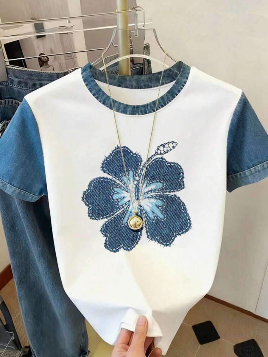 EMERY ROSE 印花拼接花卉图案圆领短袖休闲加大码T恤,春夏款 - 彩色 - 查看 1