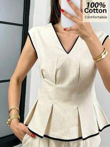 Siren Gaze Women's Summer 2 Pieces Set,Pure Cotton Black And Beige Color-Blocked V-Neck Top&Wide-Leg Pants,Elegant Work Office Casual Business Outfits For Woman - Apricot - View 8