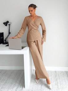 Siren Gaze 女士纯色秋季新款修身衬衫和裤子套装 - 卡其色 - 查看 5