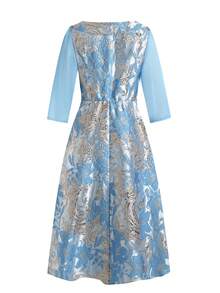 Ellevyn 女士圆领提花复古优雅派对中长连衣裙 - 湖藍色 - 查看 9