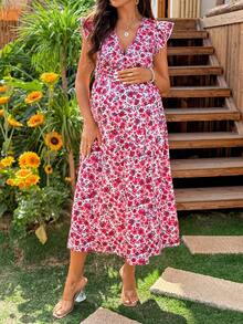 SHEIN Maternity Casual Ditsy Floral Dress - Pink - View 4