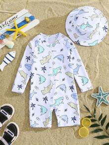 SHEIN Bubblio 男童休闲可爱趣味海洋贝壳印花长袖泳衣套装，含泳帽，适合春夏穿着，居家、外出、旅行、海滩、泳池、派对等场合。 - 藍白色 - 查看 2