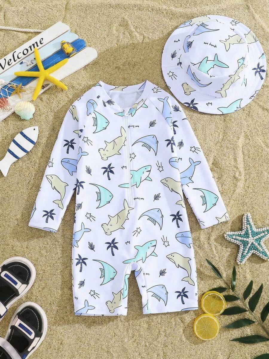 SHEIN Bubblio 男童休闲可爱趣味海洋贝壳印花长袖泳衣套装，含泳帽，适合春夏穿着，居家、外出、旅行、海滩、泳池、派对等场合。 - 藍白色 - 查看 1