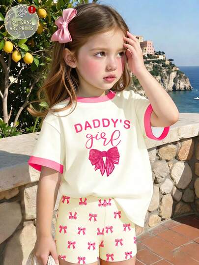4-7 Years Old Girls' Contrast Color Collar & Sleeve + English Butterfly Print T-Shirt + Butterfly All-Over Print Leggings Shorts Jogging 2pcs Set, Gentle Style Girls' Outfit, Comfortable 2pcs Set, Sweet Style, Fashion Forward, Princess Exclusive!
