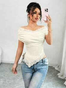 Rafferiza 女士休闲通勤露肩短袖T恤，夏季 - 杏色 - 查看 6