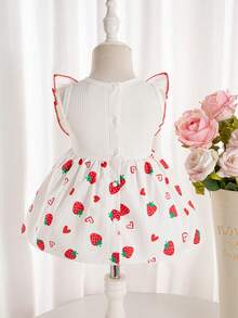 新生女宝宝夏季白色无袖圆领拼接草莓图案连衣裙，腰部蝴蝶结装饰，后背开衩设计，易于穿脱，时尚优雅可爱，面料舒适，适合日常外出或户外搭配。 - 白色 - 查看 5