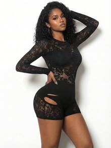 BamGleam Women's Lace Sheer Sexy Long Sleeve Round Neck Black T-Shirt, Summer - Black - View 6