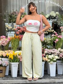 GalTyme 大码休闲条纹抽绳腰裤 - 淡黃色 - 查看 3