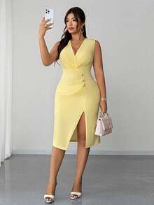 Elenzga Plus Size Women's Elegant Casual V-Neck Sleeveless Waist Cinched Button Decor Bodycon High Slit Dress, Spring/Summer - Yellow - View 6