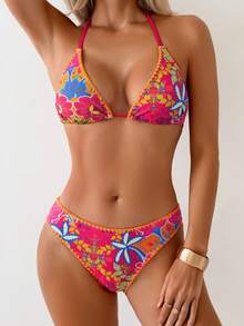 Swim Lushoire 女士夏季度假印花露背荷叶边比基尼套装 - 玫紅色 - 查看 3