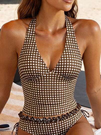 Swim Vcay Áo tankini nữ, áo hai dây in họa tiết kẻ caro, thích hợp cho mùa hè đi biển.