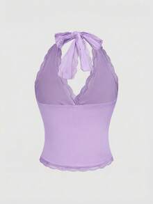 ROMWE Grunge Punk Women's Lace Patchwork Pleated Halter Tie Casual Versatile Daily Wear Top - Mauve Purple - View 2