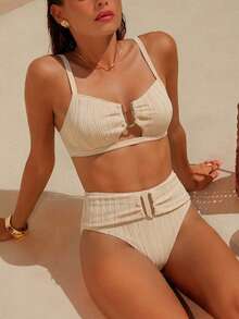 Swim Chiccia 2026春夏杏色波浪纹粗肩带可调节金色U型装饰高腰荷叶边设计女士优雅比基尼两件式泳衣 - 杏色 - 查看 1