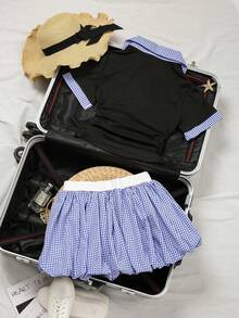 SHEIN Franclia 女士优雅两件套，复古风二合一商务休闲T恤和泡泡裙，适合办公和返校季穿着 - 藏蓝色 - 查看 2