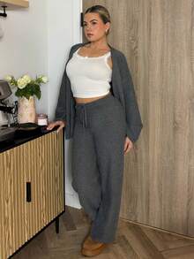 Bethéva 女士宽松商务休闲针织开衫和直筒裤套装，秋冬优雅办公室装 - 深灰色 - 查看 1