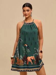 Travachic Plus Size Women Tropical Plant Print Casual Halter Neck Dress - Multicolor - View 3