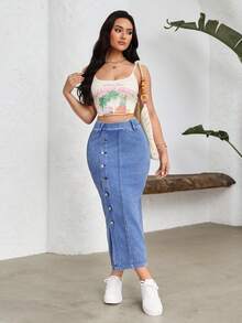 Flexra Front Button Fitted Denim Skirt - Blue - View 7