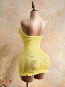 Mistrie Yellow,Summer,70s,Party Ms. Strapless Sleeveless Textured Fabric Metal Flower Decoration Mini Short Tight Dress,Slim Fit Vacation Beach Dress - Yellow - View 2