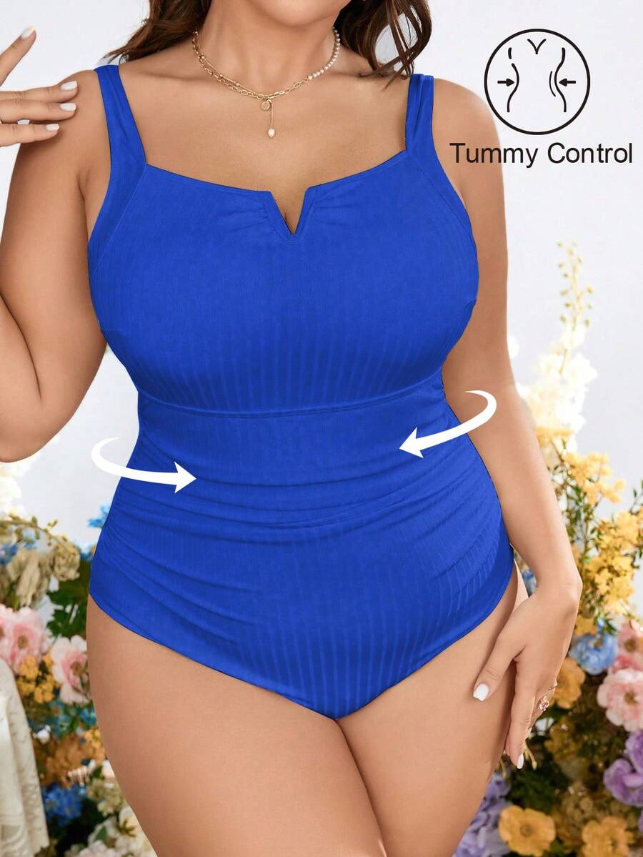 Shapewave Plus Size Women Solid Color Ruched Fashionable Spaghetti Strap One-Piece Swimsuit Plus Size Swimsuit Tummy Control Women's Bathing Suit Full Coverage Womens Shapwear Womens Swimsuits Tummy Control Womens Bathing Suit Full Coverage Swimwear - Royal Blue - View 1