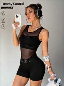 Slayform 女士黑色无袖网纱拼接露背V领连体裤，适合日常休闲穿着、跑步、瑜伽、健身、网球、高尔夫等运动。 - 黑色 - 查看 1