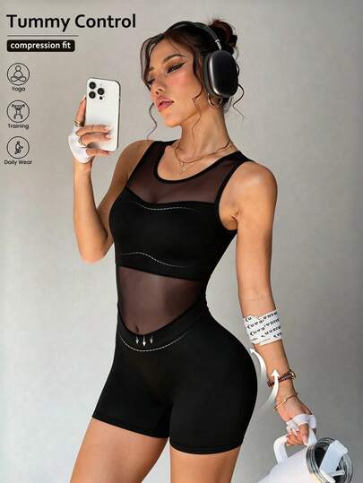 Slayform Women's Black Sleeveless Mesh Splice Backless V-Neck Jumpsuit, Suitable For Daily Casual Wear, Running, Yoga, Gym, Tennis, Golf