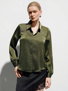 Aveloria Modichic 女士优雅通勤纯色长袖衬衫 - 軍綠色 - 查看 5