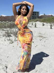 Alexandranx 性感镂空交叉露背紧身夏季度假连衣裙，女士黄色派对装 - 彩色 - 查看 2