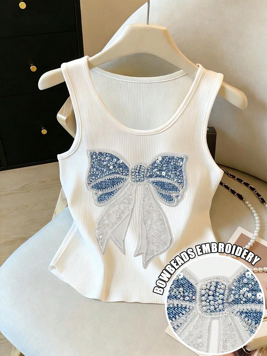 SHEIN 女士珍珠装饰蝴蝶结圆领吊带背心,夏季 - 彩色 - 查看 1