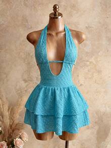 BamGleam Đầm ngắn kiểu dáng nghỉ mát dành cho nữ, màu xanh ngọc lam, chất liệu vải dệt họa tiết, cổ chữ V sâu, dây buộc vai, viền bèo nhún, eo thắt, thích hợp cho các bữa tiệc, mùa cưới, trang phục gợi cảm, hẹn hò, tiệc trà chiều, lễ hội âm nhạc, bãi biển, đầm nghỉ mát mùa hè, đầm ngắn. - Màu xanh ngọc - Xem 5