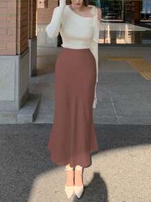 DAZY Women's Fitted Solid Color Satin Skirt, Spring/Summer - Redwood - View 7