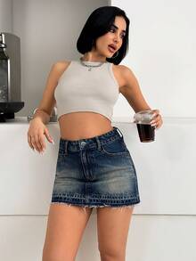 SHEIN Falda vaquera de tiro bajo de lavado medio, estilo casual para mujer - Azul lavado medio - Ver 4