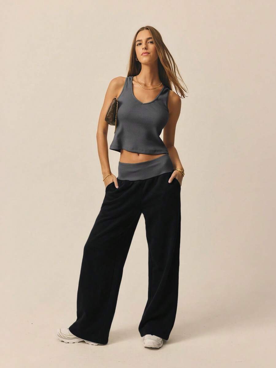 Aralina Contrast Ribbed Wide Waistband And Wide Leg Baggy Track Pants - Black - View 1