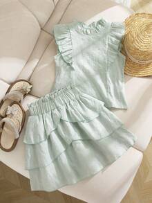 Elladie kids 2件套女童夏季新款碎花领喇叭袖露背瀑布式上衣搭配荷叶边半裙白色套装，简约优雅可爱甜美，适合休闲、派对、居家穿着。 - 綠色 - 查看 3