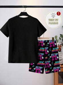 男童夜光闪电印花睡衣套装，包括圆领上衣和紧身短裤，2 件/套（需紫外线照射） - 黑色 - 查看 2