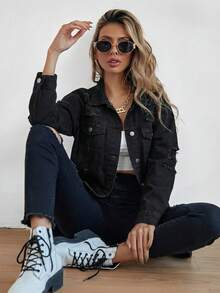 Selenza Button Blue Front Flap Pocket Drop Shoulder Denim Jacket - Black - View 3