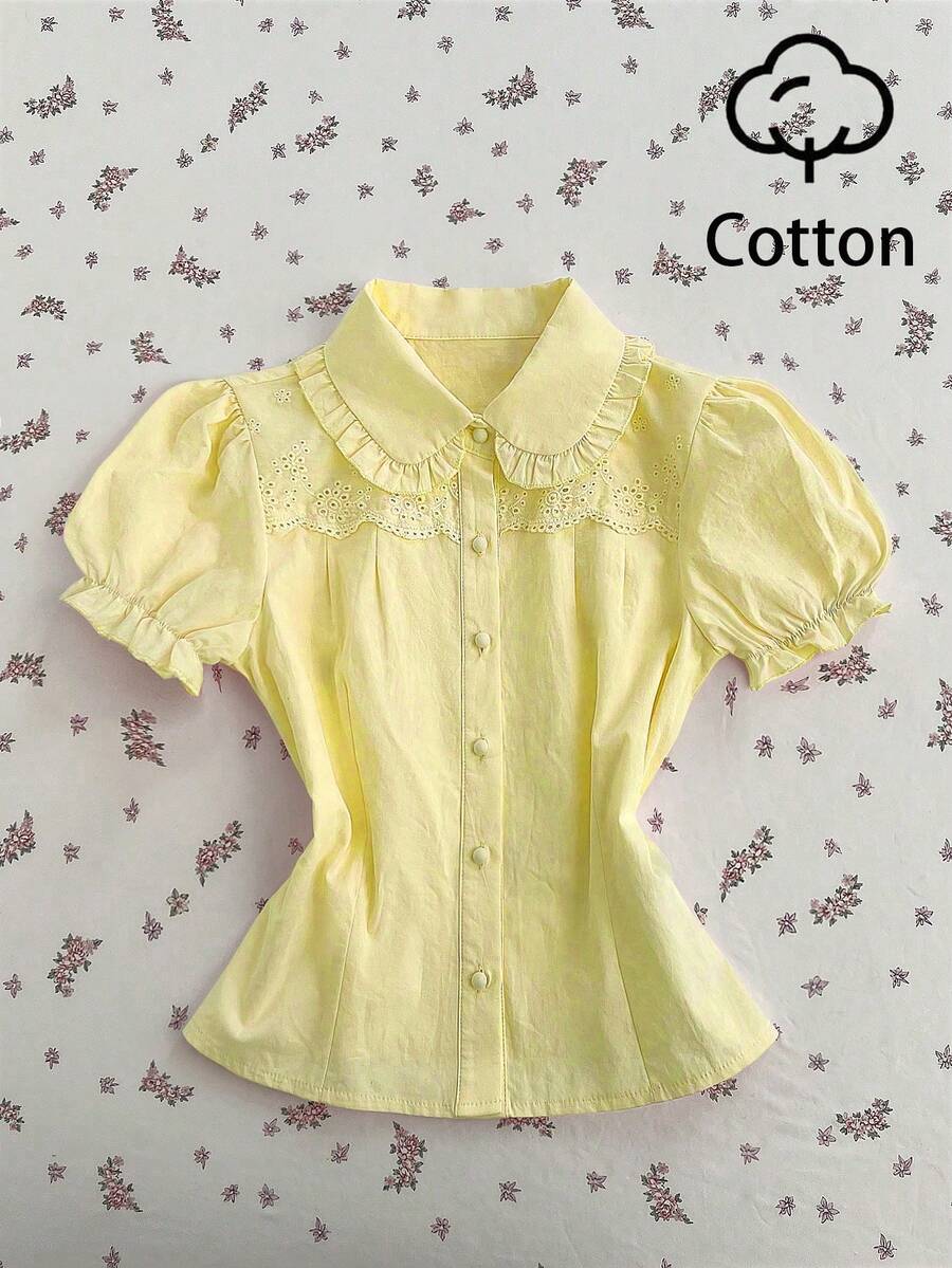 Elamini Women's Pink Peter Pan Collar Petal Sleeve Embroidered Floral Lace Patchwork Decorative Regular Blouse - Yellow - View 1