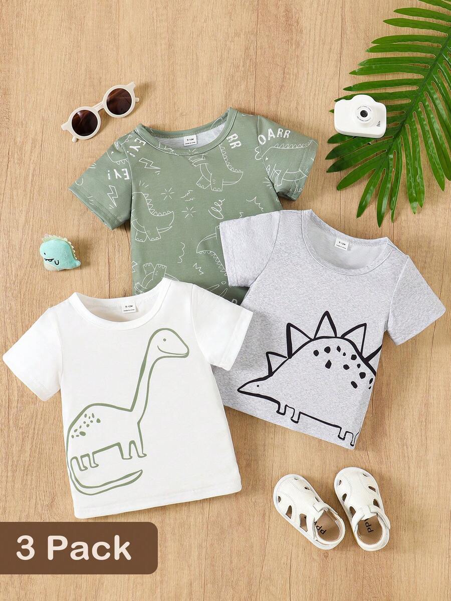 SHEIN Playful Pals Setelan Rajut 3 Potong Motif Dinosaurus Kasual untuk Balita, Kaos Lengan Pendek, Musim Semi/Panas - MultiWarna - View 1