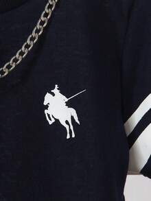 1pc Young Boy Casual Round Neck Printed & Embroidered T-Shirt, Dual Side Stripe Design For Sporty Look, Suitable For Daily Commute, Outdoor Sports, Spring/Summer Outing, Back To School Young Boys Clothes - Navy Blue - View 4