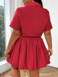 Vibekara Plus Size Women 2pcs Set: Solid Color Short Sleeve Single-Breasted Shirt & Pleated Mini Skirt - Red - View 2