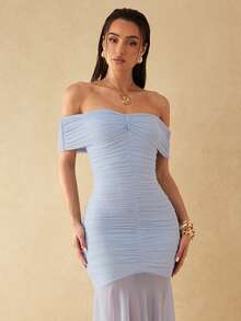 Silquee Damen Hellblau Off-Shoulder gerafftes Mesh Kleid, verführerisches figurbetontes Oberteil A-Linien-Rock, Sommer Party Nacht Tag Party elegant sexy Abend - Blau - Übersicht 3