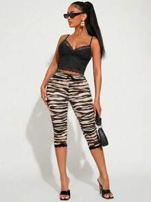 Radiana Sexy Casual Zebra Print Leggings, Bow Lace Trim Leggings, Capri Pants, Skinny Pants, Leisure Pants, Beach Pants, High Elastic Knit Fabric, Slim Fit Curve-Revealing, Suitable For Casual Outings, Urban, Island Vacation, Beach, Holiday, Night, Date, Gathering, Party, Club, Cocktail Party, Carnival, Music Festival, Concert, Festival, Animal Print - Multicolor - View 5