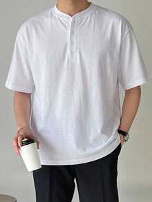 DAZY Men's Solid Color Short Sleeve Half-Button Collar T-Shirt, Summer - White - View 5