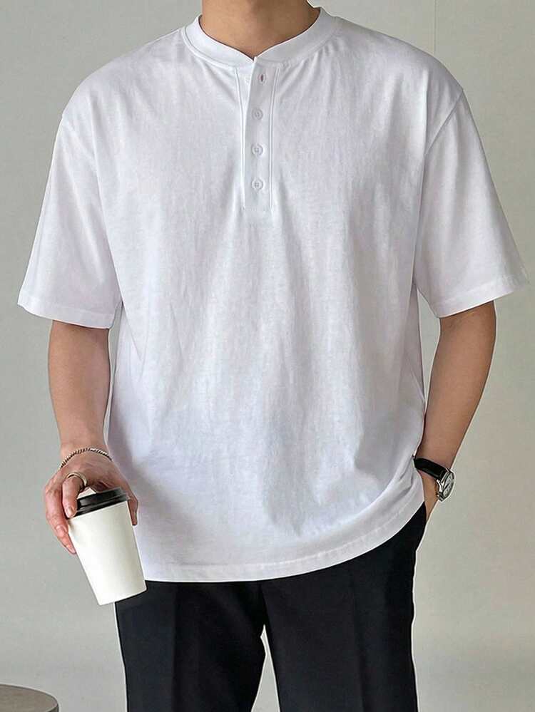 Men's Solid Color Short Sleeve Half-Button Collar T-Shirt, Summer